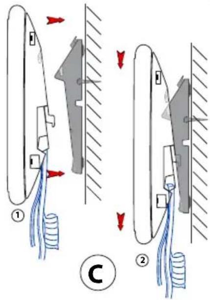 Diagram illustrating two mechanical or electrical device configurations with labeled parts and directional arrows, marked as (1) and (2), and marked as (C).