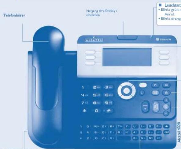 Telefonhôrer Neigung des Displays einstellen Leuchtanz • Blinkt grünlc e Anruf. • Blinkt orange 1 2 3 4 5 6 7 8 9 * 0 * Q1 W# E# R# T# Y U I O P Q A B D F G H J K L N P Z X C V B N M I Alcatel 4028