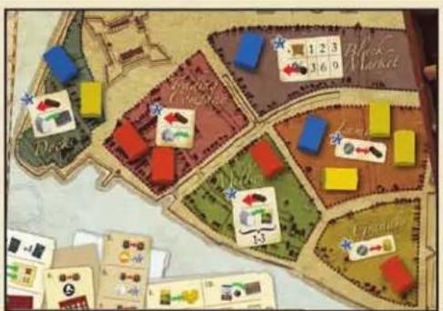 White Goblin Games Nieuw Amsterdam - Jeder Spieler erhält 1 Münze für jeden Bezirk, in dem er vertreten ist, und zusätzlich 1 Münze für jeden Bezirk, den er kontrolliert. - 1