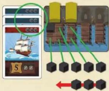 White Goblin Games Nieuw Amsterdam - Jeder Spieler erhält so viele Waren und lagert sie auf den Anlegeplätzen seiner Werftkarte, wie auf seinen Schiffskarten angezeigt. Waren, für die er keinen Lagerplatz hat, kommen in den Vorrat zurück. - 1