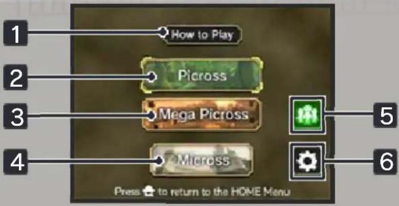 1 How to Play 2 Picross 3 Mega Picross 4 Micross Press to return to the HOME Menu 5 6