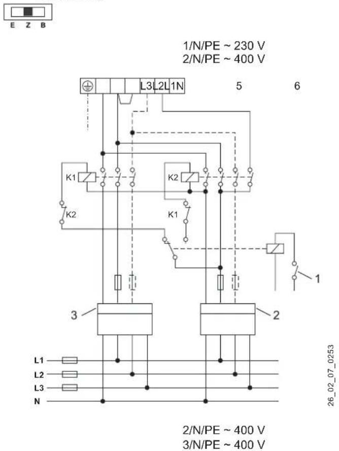 E Z B 1/N/PE ~ 230 V 2/N/PE ~ 400 V L3 L2 L1 N 5 6 K1 K2 K1 3 2 L1 L2 L3 N 1 26_02_07_0253 2/N/PE ~ 400 V 3/N/PE ~ 400 V