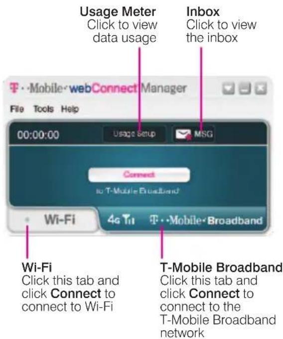 Usage Meter Click to view data usage Inbox Click to view the inbox T-Mobile·webConnect Manager File Tools Help 00:00:00 Usage Setup MSG Connect to T-Mobile Broadband Wi-Fi 4G Tu T-Mobile Broadband Wi-Fi Click this tab and click Connect to connect to Wi-Fi T-Mobile Broadband Click this tab and click Connect to connect to the T-Mobile Broadband network