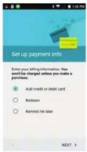 Set up payment info Enter your selling information. You would be charged unless you make a purchase. Add credit or debt card Reduces Remind no door NEXT >