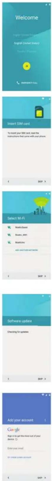 Welcome English (Initial Status) English (Initial Status) Add your account IMPRESS CALL Insert SIM card To insert your SIM card, read the instructions that come with your phone. SKIP > Select Wi-Fi Numeric Guest Numeric_MRF Numeric ADD MULTIDUAL ACCESSIVE SKIP > Software update Checking for updates SKIP > Add your account Google Sign it to get the miss out of your device Enter your email If you create a new account SKIP >