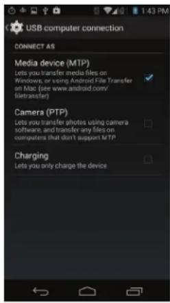 USB computer connection CONNECT AS Media device (MTP) Lets you transfer media files on Windows, or using Android File Transfer on Mac (see www.android.com/ filetransfer) Camera (PTP) Lets you transfer photos using camera software, and transfer any files on computers that don't support MTP Charging Lets you only charge the device