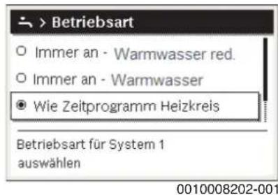 BUDERUS Logano GB125 - Zeitprogramm/Betriebsart für Warmwasserbereitung auswählen - 1