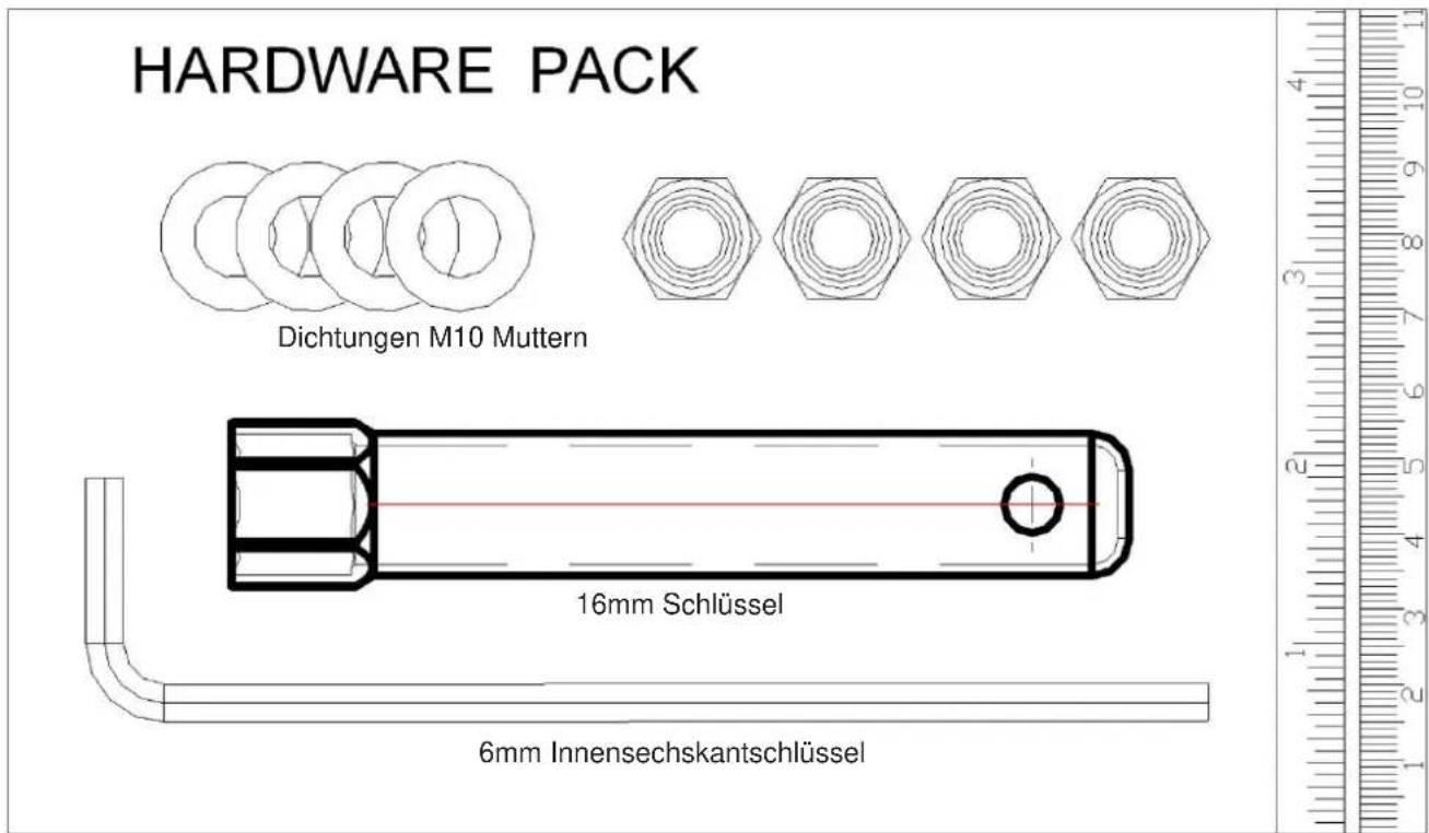 HARDWARE PACK Dichtungen M10 Muttern 16mm Schlüssel 6mm Innensechskantschlüssel