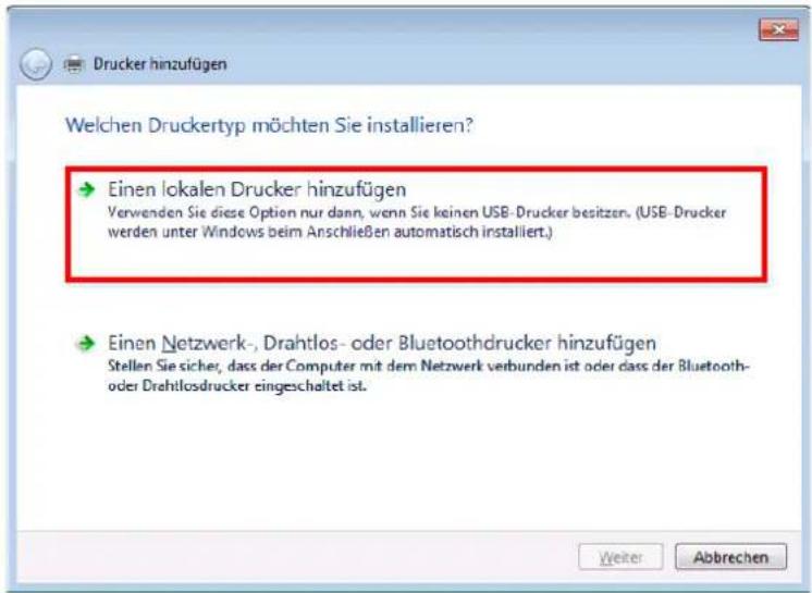 Welchen Druckertyp möchten Sie installieren? → Einen lokalen Drucker hinzufügen Verwenden Sie diese Option nur dann, wenn Sie keinen USB-Drucker besitzen. (USB-Drucker werden unter Windows beim Anschließen automatisch installiert.) → Einen Netzwerk-, Drahtlos- oder Bluetoothdrucker hinzufügen Stellen Sie sicher, dass der Computer mit dem Netzwerk verbunden ist oder dass der Bluetooth- oder Drahtlosdrucker eingeschaltet ist.