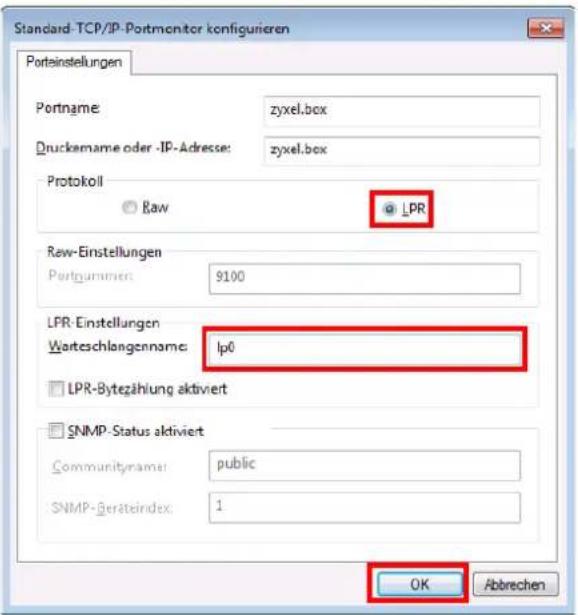 Standard-TCP/IP-Portmonitor konfiguieren Porteinstellungen Portname: zyxel.box Druckename oder -IP-Adresse: zyxel.box Protokoll Raw LPR Raw-Einstellungen Portgumerien: 9100 LPR Einstellungen Werteschlangenname: lp0 LPR-Bytezahlung aktiviert SNMP Status aktiviert Communityname: public SNMP-Geräteindex: 1 OK Abbrechen