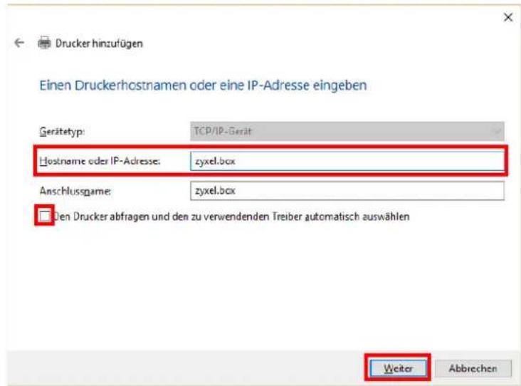 Drucker hinzufügen Einen Druckerhostnamen oder eine IP-Adresse eingeben Gerätetyp: TCP/IP-Gerät Hostname oder IP-Adresse: zyxel.box Anschlussname: zyxel.box Den Drucker abfragen und den zu verwendenden Treiber automatisch auswählen Weiter Abbrechen