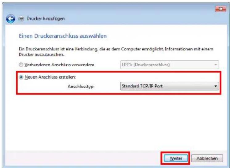 Einen Druckeranschluss auswählen Ein Druckeranschluss ist eine Verbindung, die es dem Computer ermöglicht, Informationen mit einem Drucker auszutauschen. Vorhandenen Anschluss verwenden: LPT1: (Druckeranschluss) Neuen Anschluss erstellen: Anschlusstyp: Standard TCP/IP Port Weiter Abbrechen