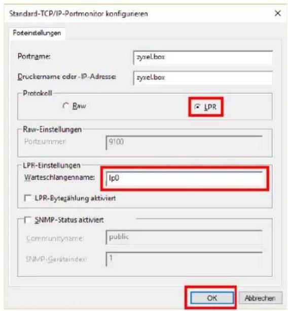 Standard-TCP/IP-Portmonitor konfigurieren Potentstellungen Portname: zyxel.box Druckername oder -IP-Adresse: zyxel.box Protokell Raw LPR Raw-Einstellungen Portzummer 9100 LPR-Einstellungen Warteschlangenname: Ip0 LPR-Bytezahlung aktiviert SNMP-Status aktiviert Communityname: public SNMP-Gerätsindex: 1 OK Abbrechen