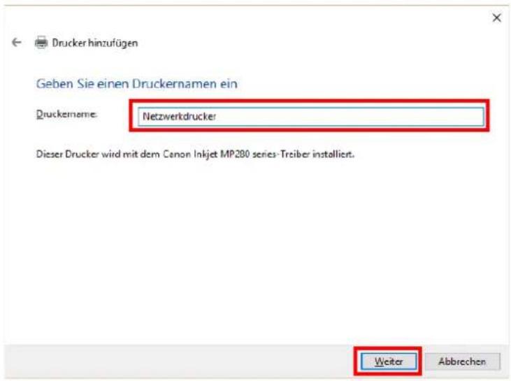 Drucker hinzufügen Geben Sie einen Druckernamen ein Druckemame: Netzwerkdrucker Dieser Drucker wird mit dem Canon Inkjet MP280 series-Treiber installiert. Welter Abbrechen