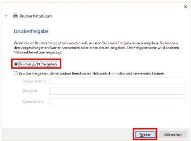 Drucker hinzufügen Druckerfreigabe Wenn dieser Drucker freigegeben werden soll, müssen Sie einen Freigabenamen angeben. Sie können den vorgeschlagenen Namen verwenden oder einen neuen eingeben. Der Freigabename wird anderen Netzwerkbenutzern angezeigt. ● Drucker nicht freigeben Drucker freigeben, damit andere Benutzer im Netzwerk ihn finden und verwenden können Freigabename: Standort: Kommentar: Weiter Abbrechen
