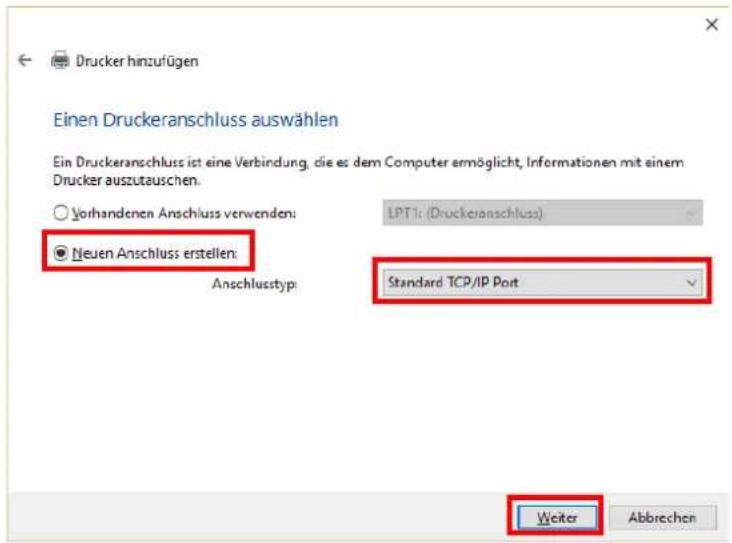 Drucker hinzufügen Einen Druckeranschluss auswählen Ein Druckeranschluss ist eine Verbindung, die es dem Computer ermöglicht, Informationen mit einem Drucker auszutauschen. ○ Vorhandenen Anschluss verwenden: LPT1: (Druckeranschluss) ● Neuen Anschluss erstellen: Anschlusstyp: Standard TCP/IP Port Weiter Abbrechen