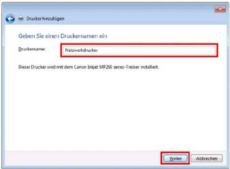 Drucker hinzufügen Geben Sie einen Druckernamen ein Druckername: Netzwerkdrucker Dieser Drucker wird mit dem Canon Inkjet MP250 seres-Treiber installiert. Weiter Abbrehen