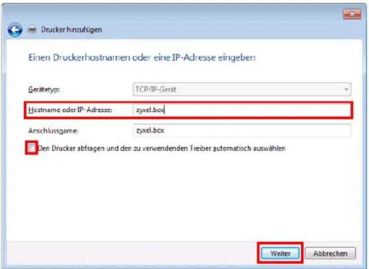 Drucker hinzufügen Einen Druckerhostnamen oder eine IP-Adresse eingeben Gerätetyp: TCP/IP-Gerät Hostname oder IP-Adresse: zyxel.box Anschlussgame: zyxel.box □ Den Drucker abfragen und den zu verwendenden Treiber automatisch auswählen Weiter Abbrechen