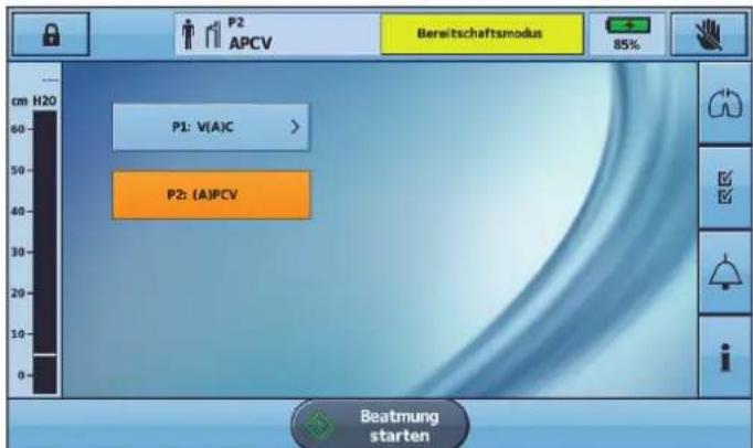 P2 APCV Bereitschaftsmodus 85% cm H20 P1: V(A)C > P2: (A)PCV Beatmung starten