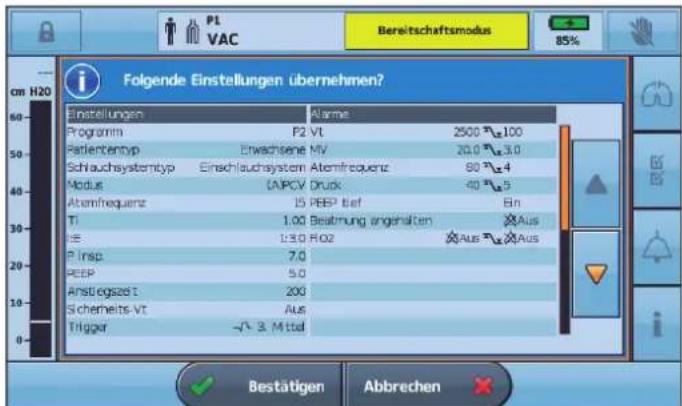 Folgende Einstellungen übernehmen? Einstellungen Programm P2 Vt 2500 P1.100 Patiententyp Einschöne MV 20.0 P3.0 Schlauchsystemtyp Einschlauchsystem Atemfrequenz 80 P4 Modus (APCV Druck -40 P5 Abtemfrequenz 15 PEEP tief Ein Ti 1.00 Bestmung angehalten Aus SE 13.0 FLO2 Aus Aus P insp 7.0 PEEP 5.0 Anstogszelt 200 Sicherheits-Vt Aus Trigger -√ 3 Mittel Bestätigen Abbrechen