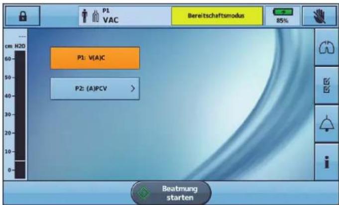 P1 VAC Bereitschaftsmodus 85% cm H20 P1: V(A)C P2: (A)PCV > Beatmung starten