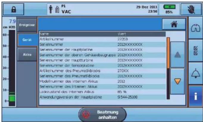 P1 VAC 29 Dez 2011 23:56 85% 7.9 cm H20 Erlögsüsse Name Viert Artikelnummer 27053 Seriennummer 2012XXXXXXX Seriennummer der Hauptpläne 2012XXXXXXX Seriennummer der oberen Gehäusebaugruppe 2012XXXXXXX Seriennummer der Hauptturbine 2012XXXXXXX Seriennummer der Sensorpläne 2012XXXXXXX Artikelnummer des Pneumatikibrooks 270XX Seriennummer des Pneumatikibrooks 2012XXXXXXX Modellnummer des Internen Akkus 2012 Seriennummer des Internen Akkus 2012XXXXXXX Ladezustand des Internen Akkus 85 % Anwendungsversion der Hauptpläne 9544-2508 Beatmung anhalten