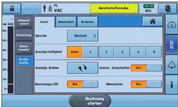 P1 VAC Bereitschaftsmodus 85% cm H20 Schlauch- system Gesät Datum/Zoit Einheiten Einstellung Sprache Deutsch > Anzeige-helligkeit Auto 1 2 3 4 5 Daten- transfer Geräte- konfig. Anzeige drehen Autom. Ausschalten Ein Beatmungs-LED Ein Hinweiston Ein Beatmung starten