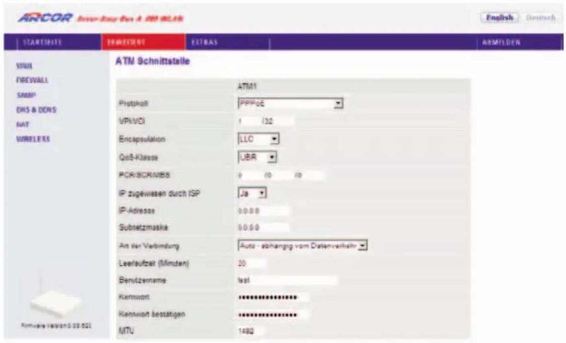 Arcor Easy Box A 300 WLAN - ATM Schnittstelle: Protokoll PPPoE (Standardprotokoll) - 1