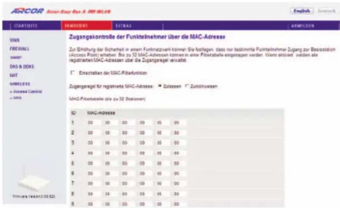 Arcor Easy Box A 300 WLAN - Zugangskontrolle der Funkteilnehmer über die MAC-Adresse - 1