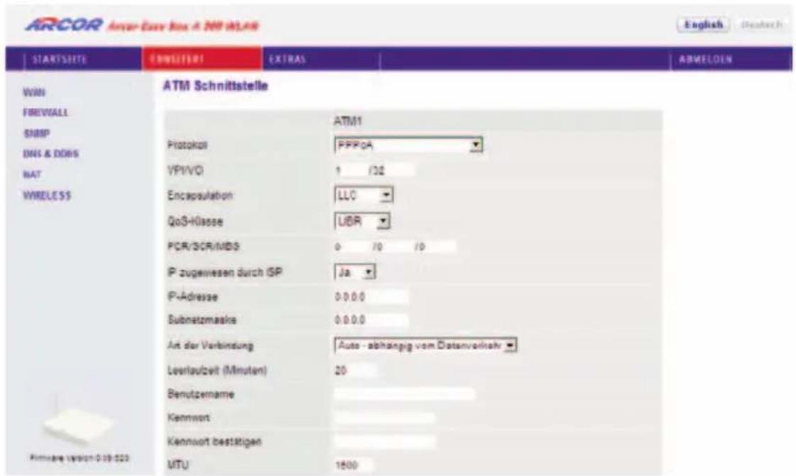 Arcor Easy Box A 300 WLAN - ATM Schnittstelle: Protokoll PPPoA - 1
