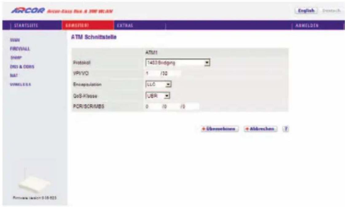 Arcor Easy Box A 300 WLAN - ATM Schnittstelle: Protokoll 1483 Bridging - 1