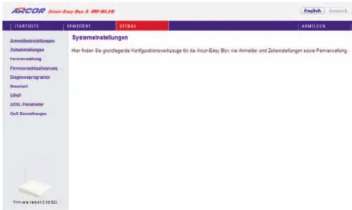 Arcor Easy Box A 300 WLAN - Extras - Systemeinstellungen - 1