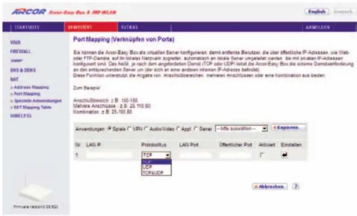Arcor Easy Box A 300 WLAN - Port Mapping (Verknüpfen von Ports) - 1