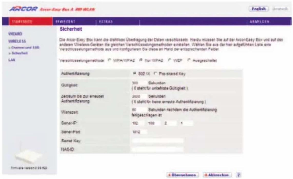 Arcor Easy Box A 300 WLAN - Sicherheit - Nur WPA2, Authentifizierung nach 802.1X - 1