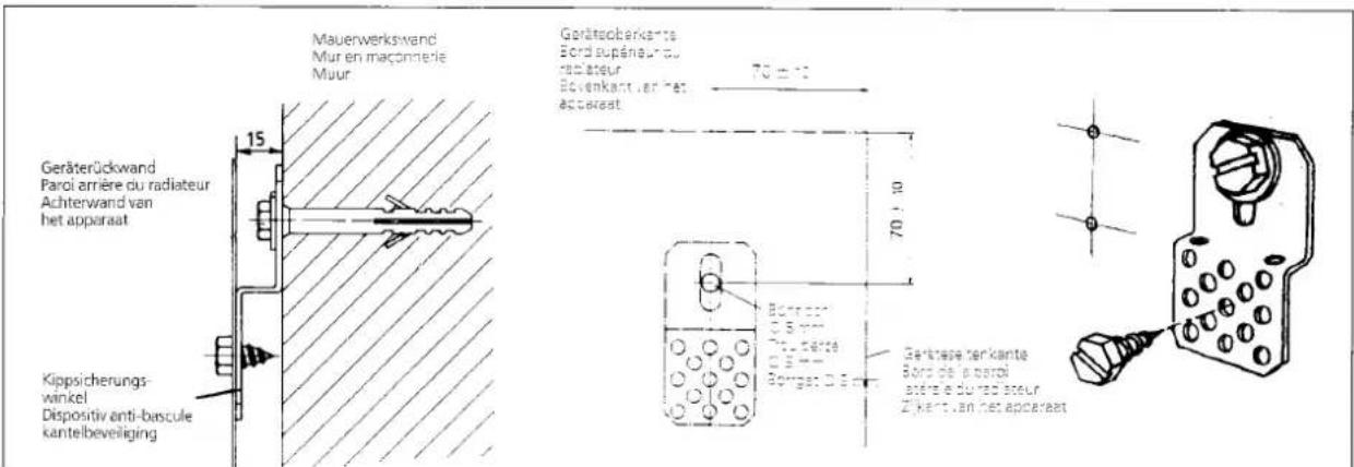 Mauerwerkswand Mur en maconterie Muur Geräterückwand Paroi arrière du radiateur Achterwand van het apparaat Kippsicherungs- winkel Dispositiv anti-bascule kantelbeveiliging 15 70 ± 10 Geräteberkante Bord supéneur du radiateur Bovenkant van het acteurast Borgart D. S. van Tuf. certe Borgart D. S. van Gerkteser herkante Bord de la paroi actrele du red asteur Zijkant van het apereast