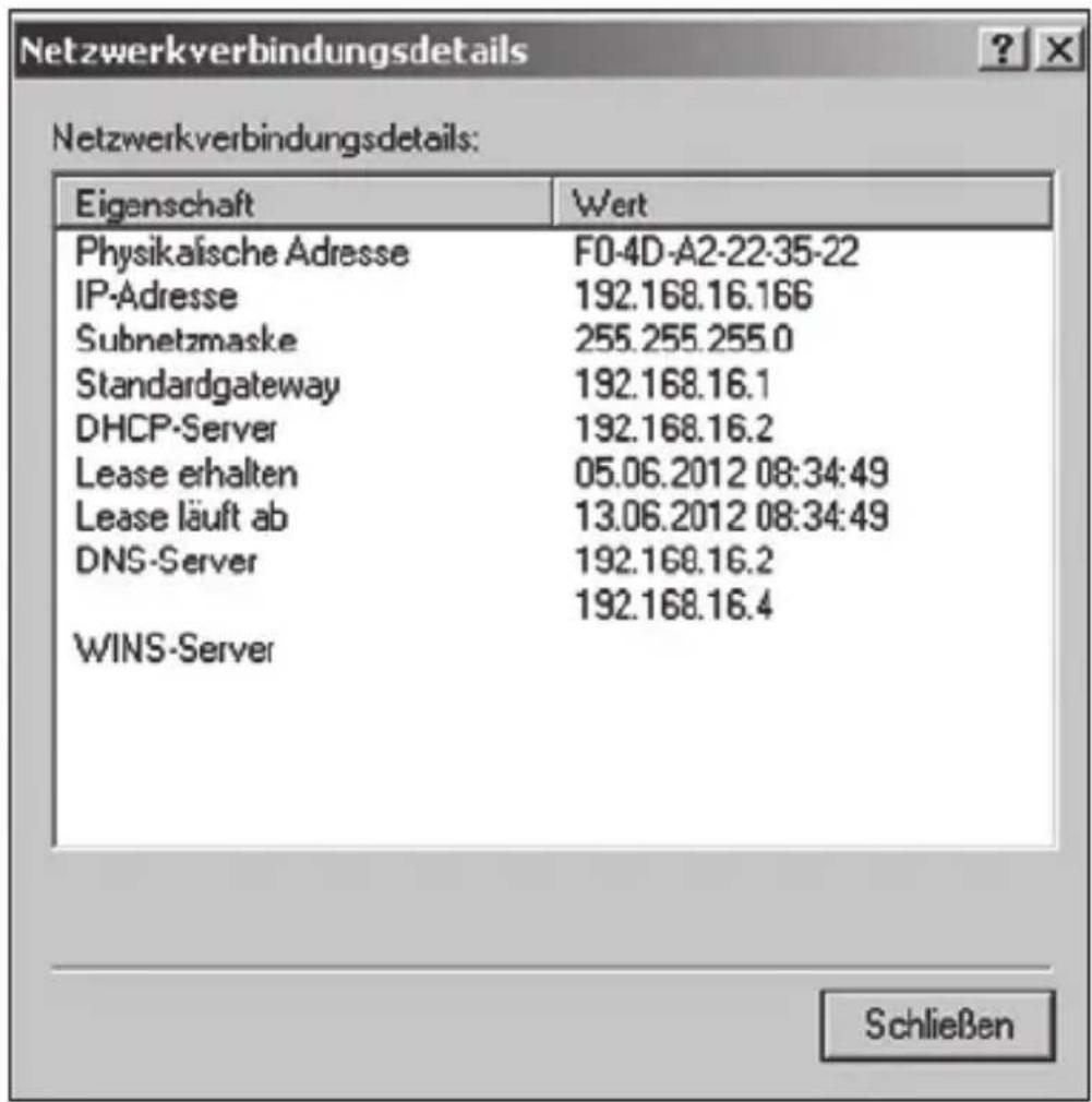 Netzwerkverbindungsdetails Netzwerkverbindungsdetails: Eigenschaft Wert Physikalische Adresse F0-4D-A2-22-35-22 IP-Adresse 192.168.16.166 Subnetzmaske 255.255.255.0 Standardgateway 192.168.16.1 DHCP-Server 192.168.16.2 Lease erhalten 05.06.2012 08:34:49 Lease läuft ab 13.06.2012 08:34:49 DNS-Server 192.168.16.2 192.168.16.4 WINS-Server Schließen
