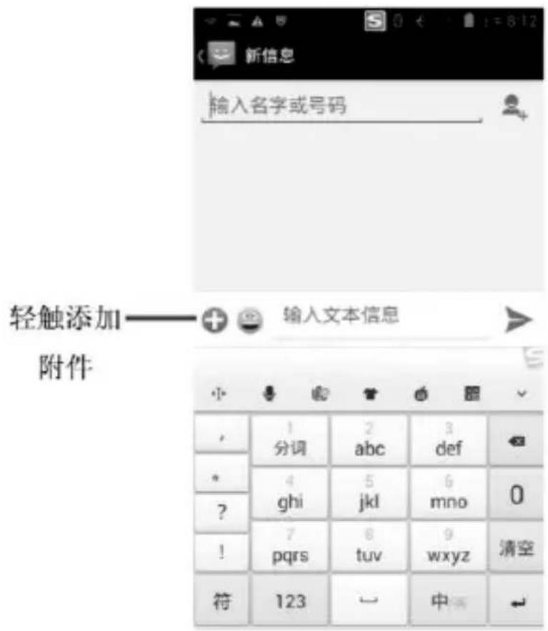 新信息 输入名字或号码 轻触添加——+ 输入文本信息 附件 分词 abc def ghi jkl mno 0 pqrs tuv wxyz 清空 符 123 中