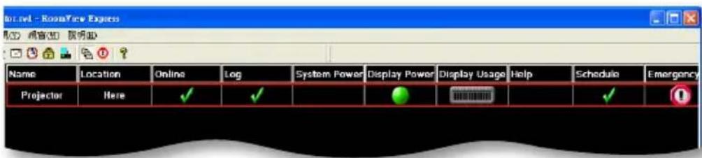View1v1 - RoomView Express 机CD 机窗(M) 质单ID Name Location Online Log System Power Display Power Display Usage Help Schedule Emergency Projector Here ✓ ✓ ✓ 0