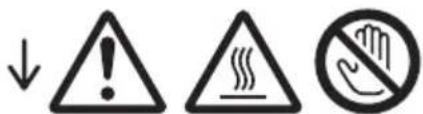 Warning symbols including warning triangle, warning sign, and no glove icon