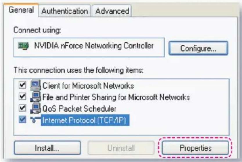 General Authentication Advanced Connect using: NVIDIA nForce Networking Controller Configure... This connection uses the following items: ✓ Client for Microsoft Networks ✓ File and Printer Sharing for Microsoft Networks ✓ QoS Packet Scheduler ✓ Internet Protocol (TCP/IP) Install... Uninstall Properties