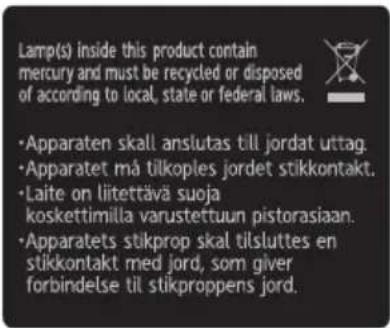 Lamp(s) inside this product contain mercury and must be recycled or disposed of according to local, state or federal laws. • Apparaten skall anslutas till jordat uttag. • Apparatet må tilkoples jordet stikkontakt. • Laite on liitettävä suoja koskettimilla varustettuun pistorasiaan. • Apparatets stikprop skal tilsluttes en stikkontakt med jord, som giver forbindelse til stikproppens jord.