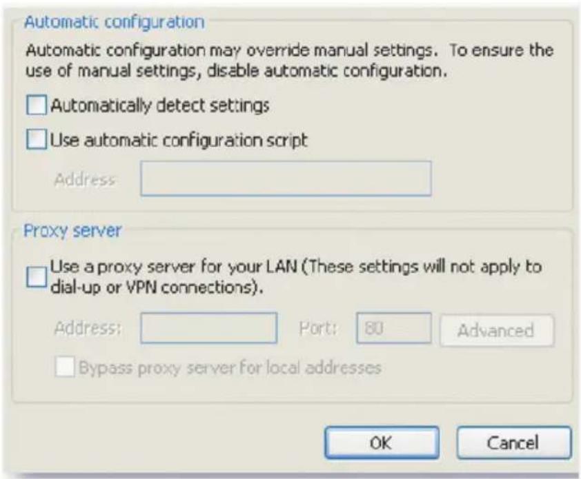 Automatic configuration Automatic configuration may override manual settings. To ensure the use of manual settings, disable automatic configuration. □ Automatically detect settings □ Use automatic configuration script Address: Proxy server □ Use a proxy server for your LAN (These settings will not apply to dial-up or VPN connections). Address: Port: 80 Advanced □ Bypass proxy server for local addresses OK Cancel