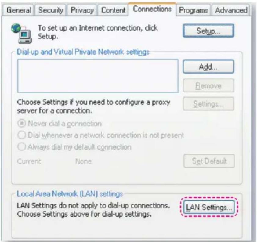 General Security Privacy Content Connections Programs Advanced To set up an Internet connection, click Setup. Setup... Dial-up and Virtual Private Network settings Add... Remove Choose Settings if you need to configure a proxy server for a connection. Never dial a connection Dial whenever a network connection is not present Always dial my default connection Current None Set Default Local Area Network (LAN) settings LAN Settings do not apply to dial-up connections. Choose Settings above for dial-up settings. LAN Settings...