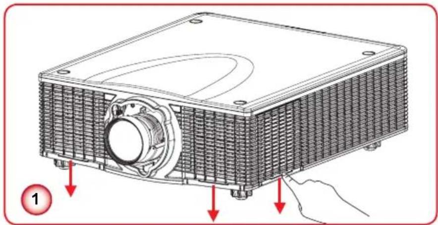 Technical diagram of a heat exchanger with labeled components and red arrows indicating parts of the housing.