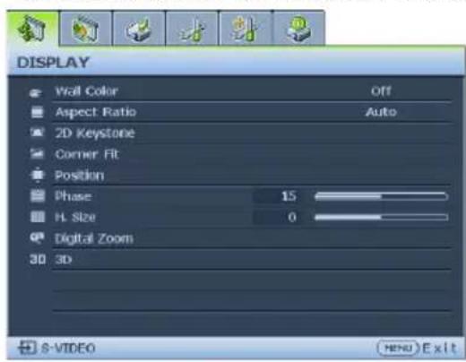 DISPLAY Wall Color Off Aspect Ratio Auto 2D Keystone Corner Fit Position Phase 15 H. Size 0 Digital Zoom 3D S-VIDEO MENU Exit