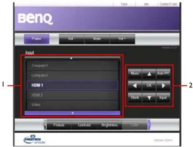 BenQ Power Vol - Mate Vol * Input Computer1 Computer2 HDM 1 HDM 2 Value Menu Auto PC OK Blank Input Freeze Contrast Brightness Chu CRESTION SUPPORT I 2 Opssem Dette