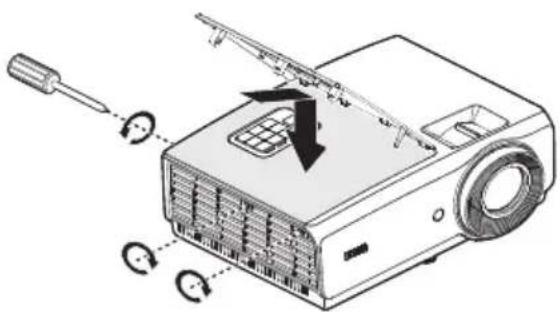 Diagram of a projector with labeled parts and directional arrows indicating assembly or operation