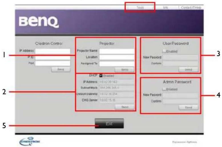 BenQ Tools Info Contact IT Help 1 Creation Control Projector Projector Name Location Assigned To Begin 2 User Password Enabled New Password Corlim Begin 3 4 DHCP Enabled IP Address 10.0.27.30.142 SubmitMask $44.346.545.0 Default Gateway 10.0.27.30.254 DAG Server 10.0.27.15.18 Begin Admin Password Enlisted New Password Corlim Begin 5 Edit CREDITRON Password Options