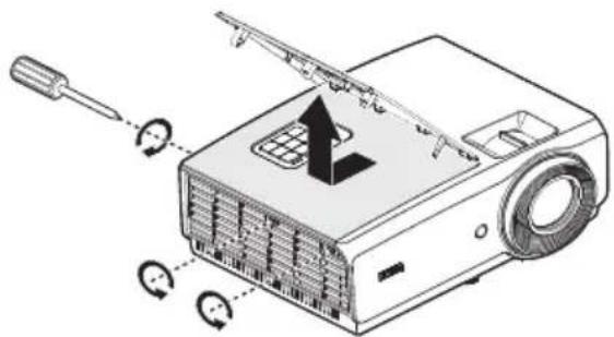 Diagram illustrating a projector with labeled parts and directional arrows indicating motion or operation