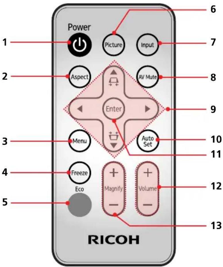 Power Picture Input 1 2 Aspect AV Mute Enter 3 Menu Auto Set 4 Freeze Eco Magnify Volume 5 RICOH 6 7 8 9 10 11 12 13
